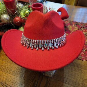 A754-NEW Red Felt Dripping Sparkle Band Cowgirl hat